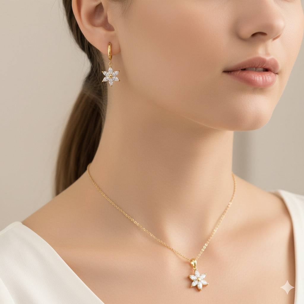 Diatoms Star Shaped Diamond Necklace Earring Combo