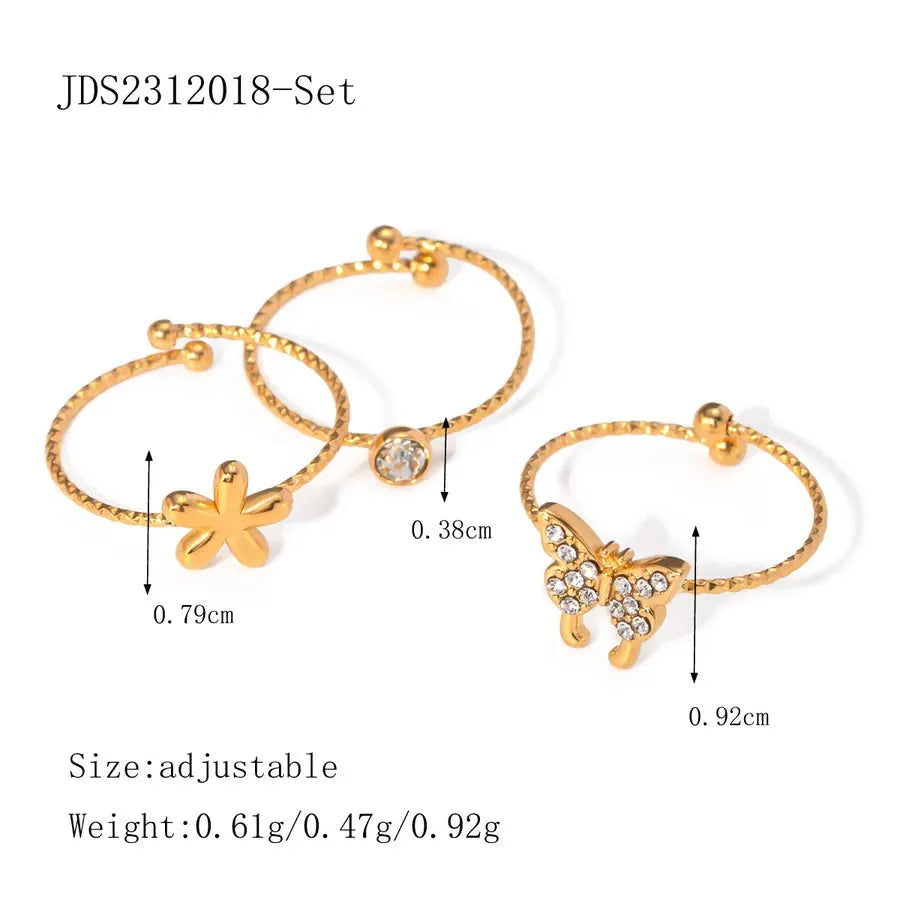 304 Stainless Steel 18K Gold Plated Simple Style Plating Inlay Flower Butterfly Rhinestones Rings - Diatoms