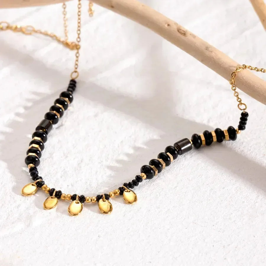 Black Crystal Hollow Beads Necklace - Diatoms