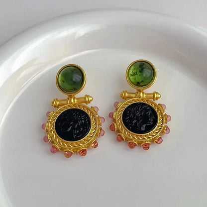 Vintage Style Color Block Glass Stone Drop Earrings - Diatoms