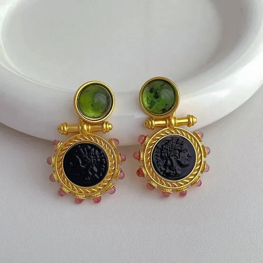 Vintage Style Color Block Glass Stone Drop Earrings - Diatoms