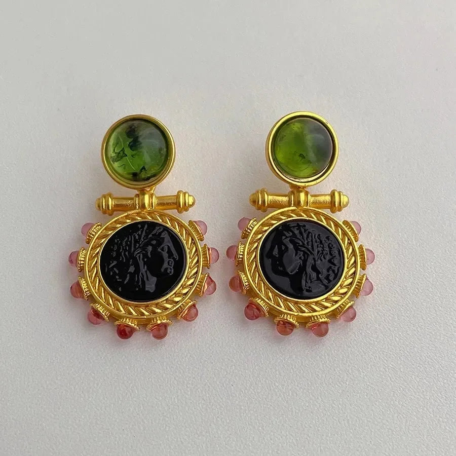 Vintage Style Color Block Glass Stone Drop Earrings - Diatoms