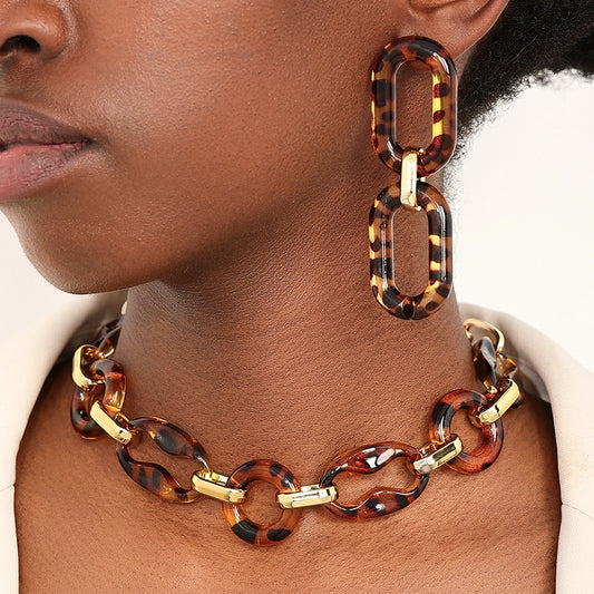 Vintage Exaggerated Amber Acrylic Leopard Print Necklace Earrings Set