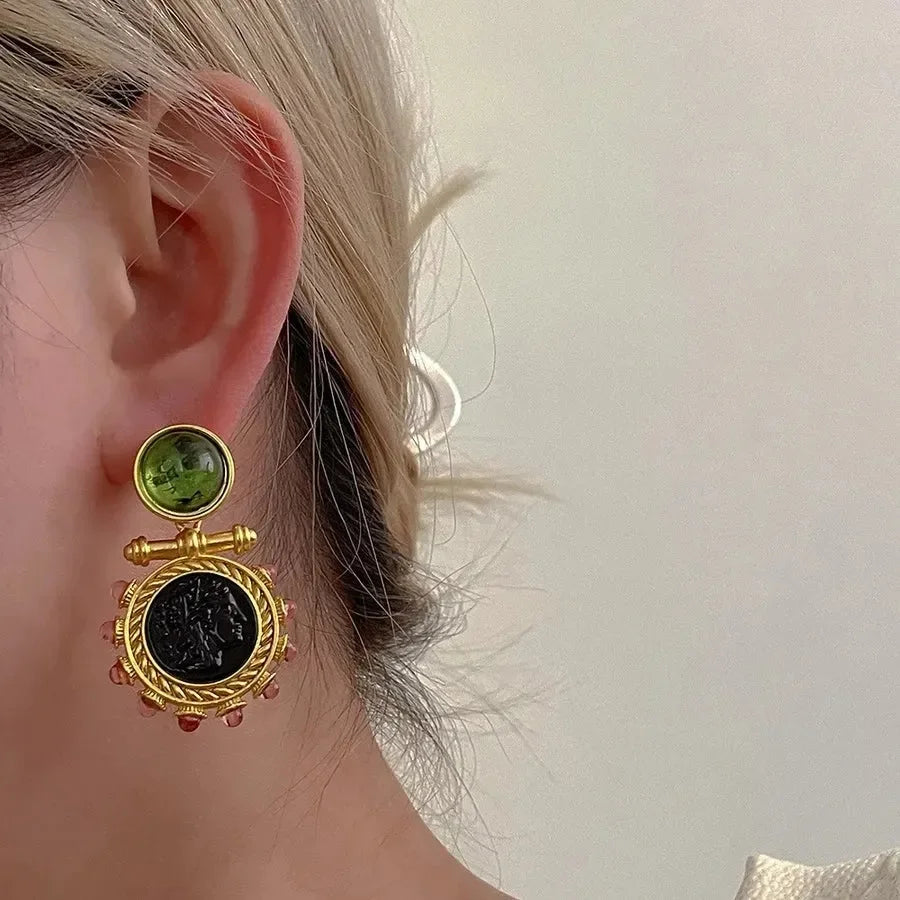 Vintage Style Color Block Glass Stone Drop Earrings - Diatoms