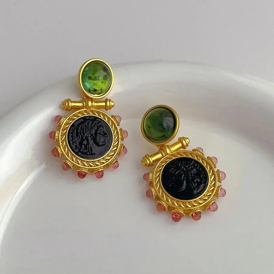 Vintage Style Color Block Glass Stone Drop Earrings - Diatoms