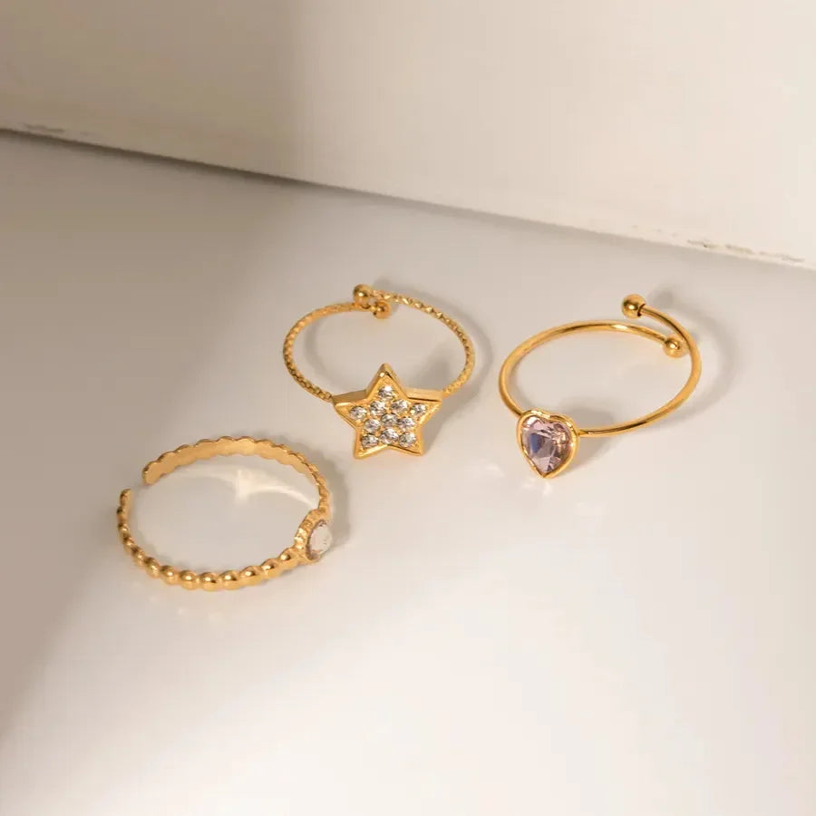 Pentagram Heart Shape Rhinestones Rings Set - Diatoms