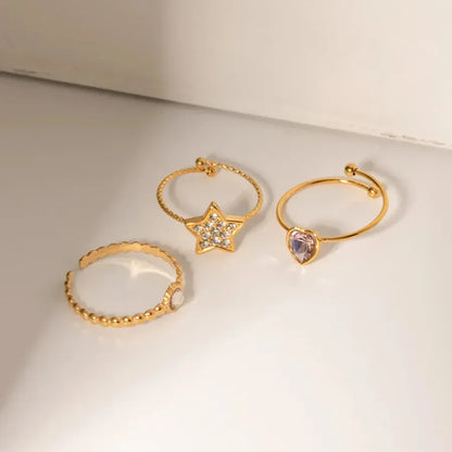 Pentagram Heart Shape Rhinestones Rings Set - Diatoms