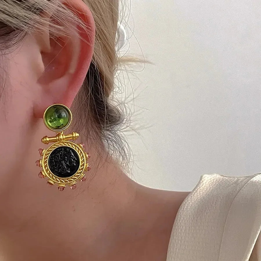Vintage Style Color Block Glass Stone Drop Earrings - Diatoms