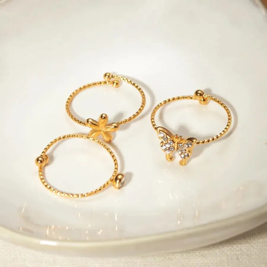 Flower Butterfly Rhinestones 3 Rings Set - Diatoms