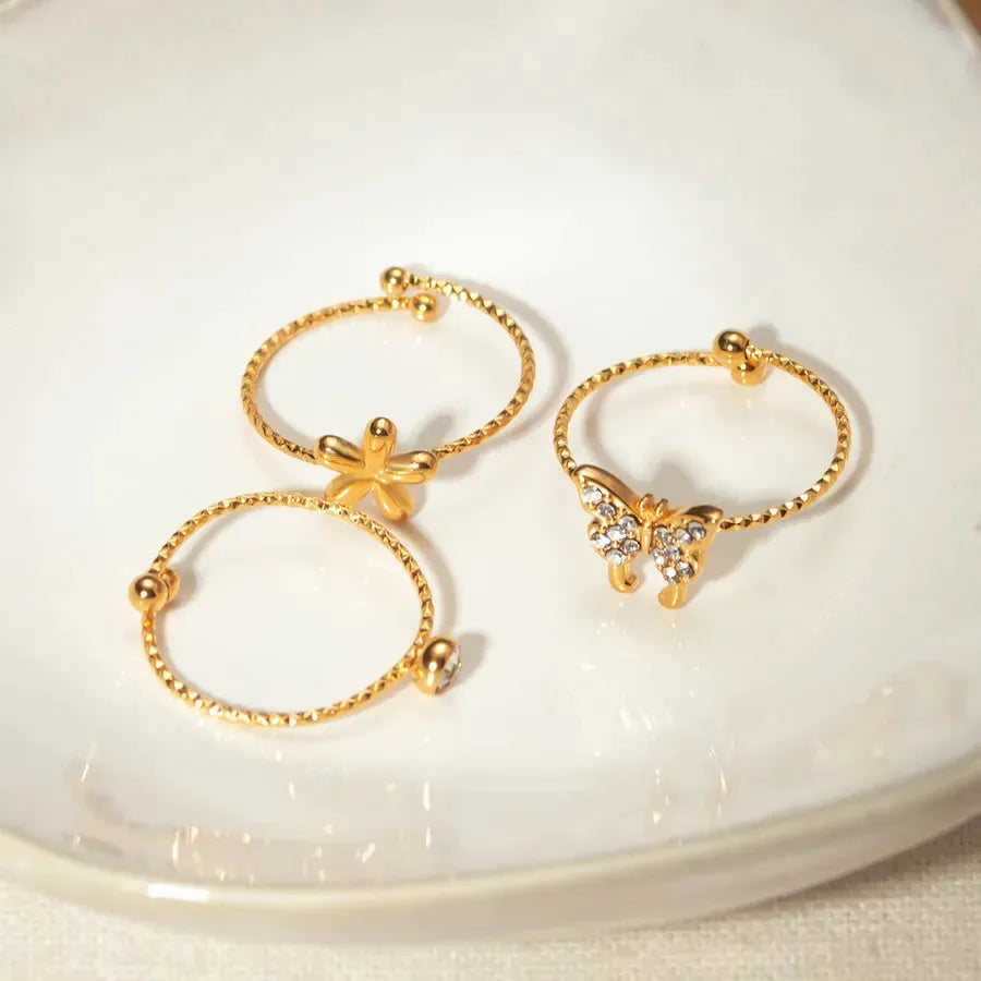304 Stainless Steel 18K Gold Plated Simple Style Plating Inlay Flower Butterfly Rhinestones Rings - Diatoms