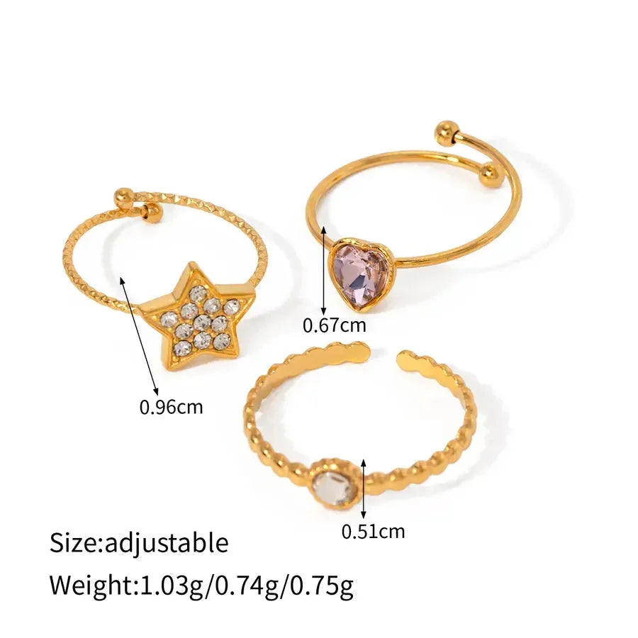 Pentagram Heart Shape Rhinestones Rings Set - Diatoms