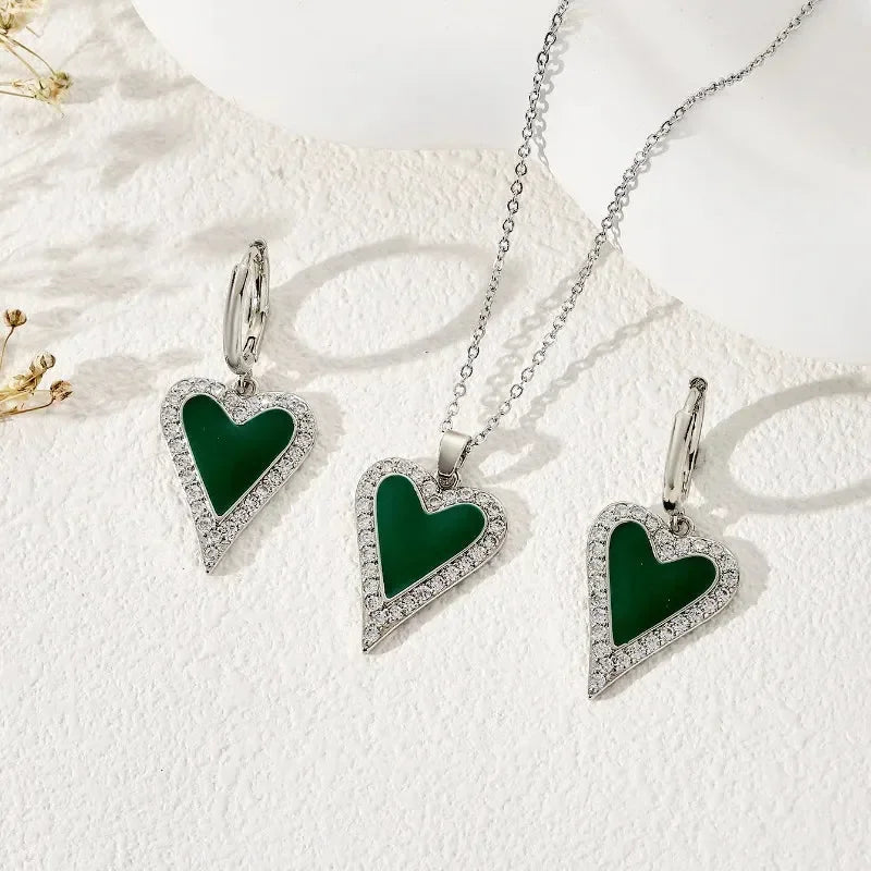 Green Heart Shape Enamel Pendant Earrings Set - Diatoms