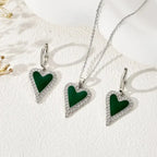 Green Heart Shape Enamel Pendant Earrings Set - Diatoms