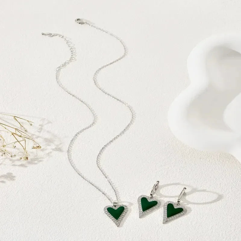 Green Heart Shape Enamel Pendant Earrings Set - Diatoms