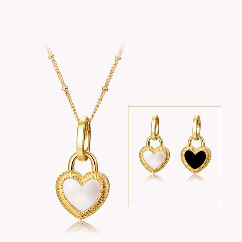 Black & White Heart Shape Double Side Necklace And Earrings - Diatoms