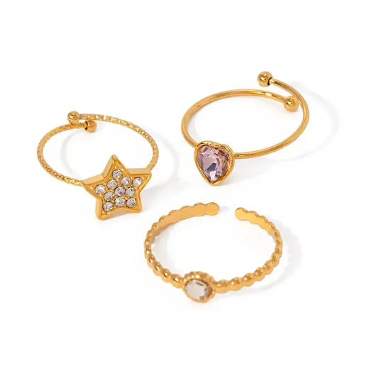 Pentagram Heart Shape Rhinestones Rings Set - Diatoms