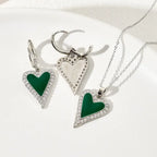 Green Heart Shape Enamel Pendant Earrings Set - Diatoms