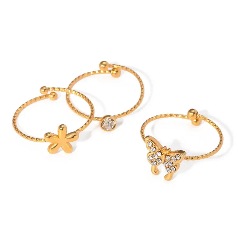 Flower Butterfly Rhinestones 3 Rings Set - Diatoms