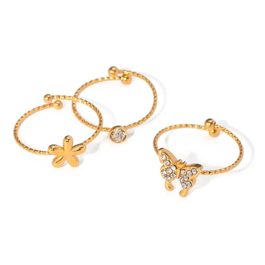 Flower Butterfly Rhinestones 3 Rings Set - Diatoms