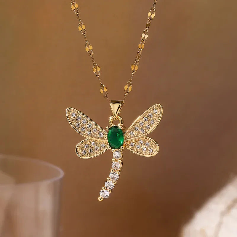 Diatoms Dragonfly Inlay Green Zircon Necklace