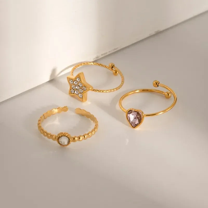 Pentagram Heart Shape Rhinestones Rings Set - Diatoms