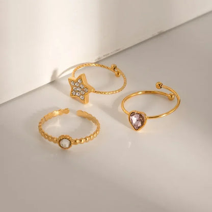 Pentagram Heart Shape Rhinestones Rings Set - Diatoms