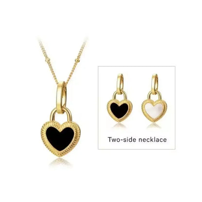 Black & White Heart Shape Double Side Necklace And Earrings - Diatoms