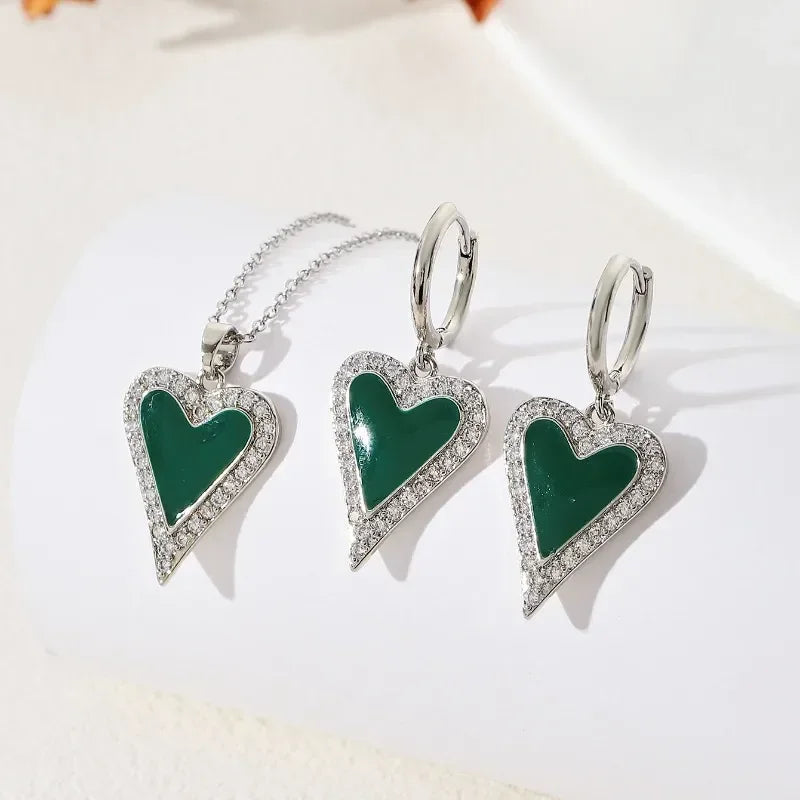 Green Heart Shape Enamel Pendant Earrings Set - Diatoms