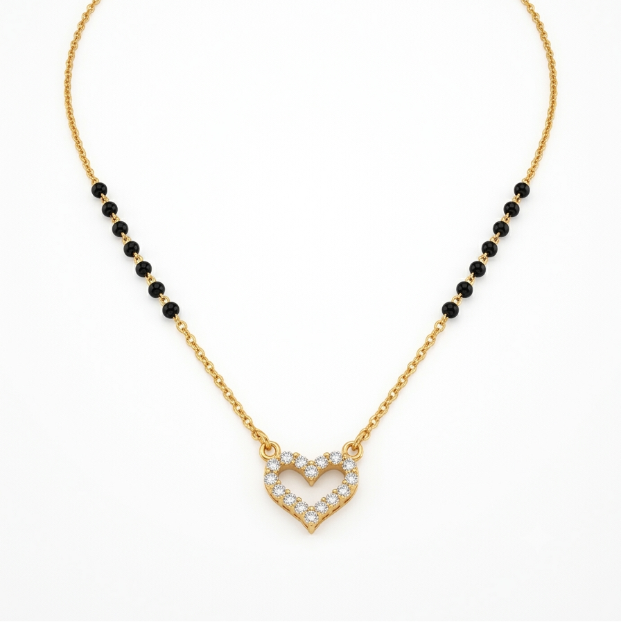 A delicate gold chain necklace featuring a central open heart pendant encrusted with small clear stones, flanked by two rows of small black beads on each side, displayed on a clean white background.