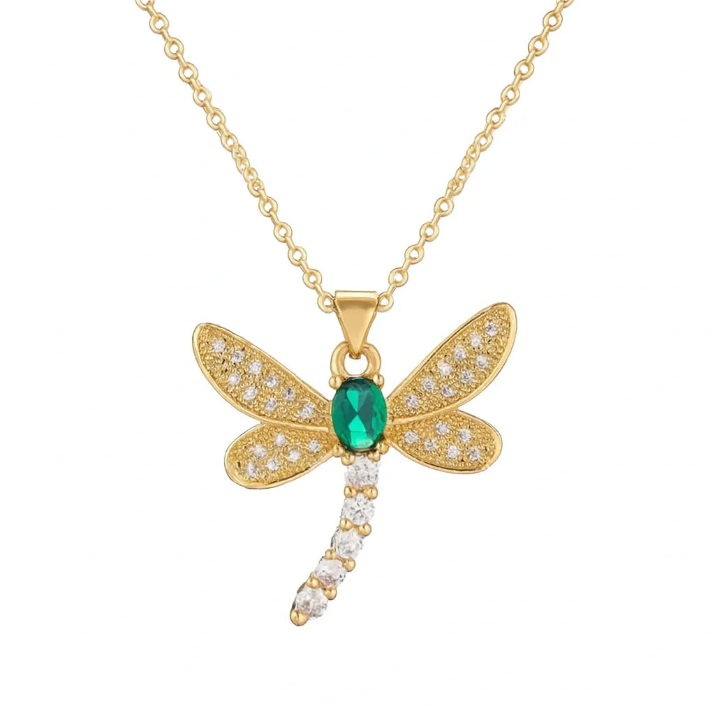 Diatoms Dragonfly Inlay Green Zircon Necklace