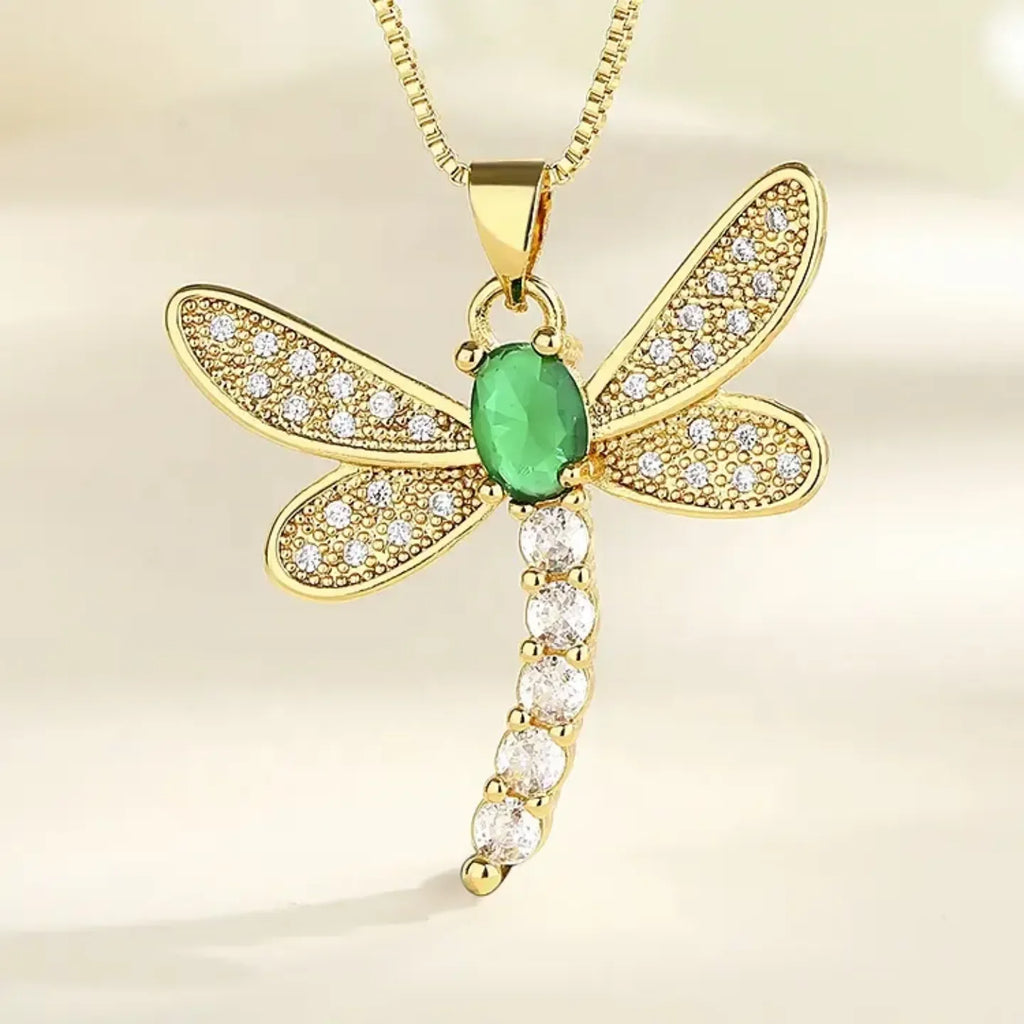 Diatoms Dragonfly Inlay Green Zircon Necklace - Diatoms
