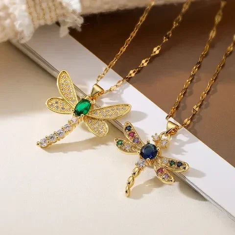 Diatoms Dragonfly Inlay Green Zircon Necklace