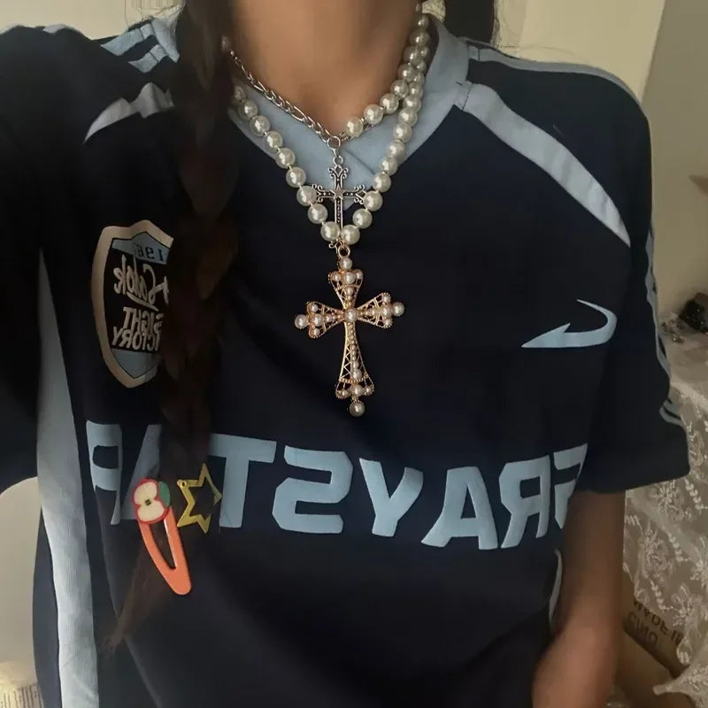 Diatoms Cross Pearl Beaded Necklace - Diatoms