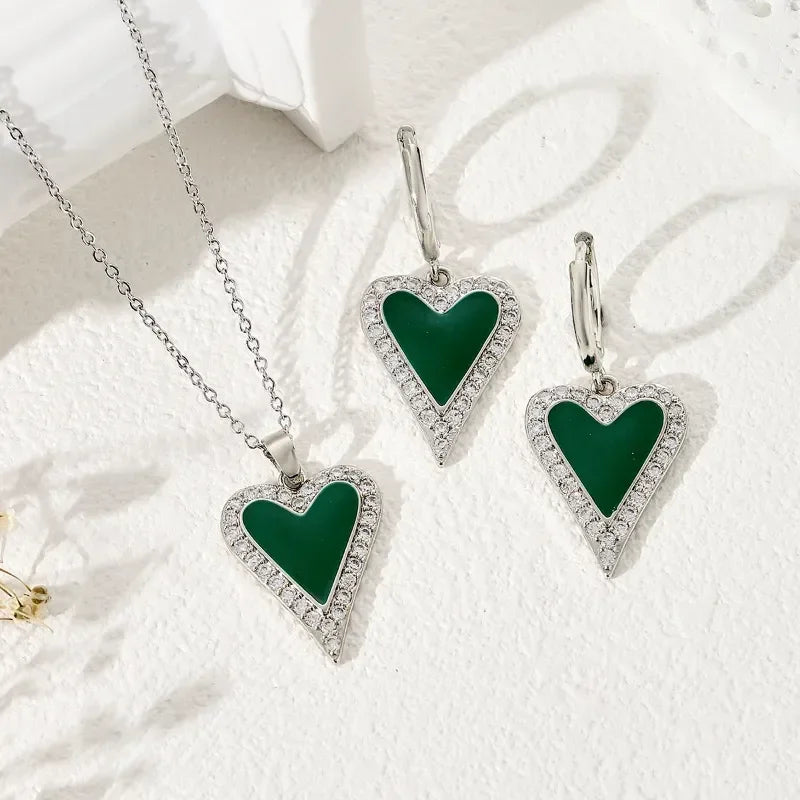 Green Heart Shape Enamel Pendant Earrings Set - Diatoms