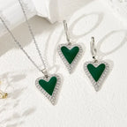 Green Heart Shape Enamel Pendant Earrings Set - Diatoms
