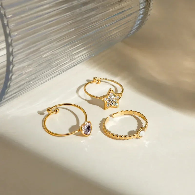 Pentagram Heart Shape Rhinestones Rings Set - Diatoms