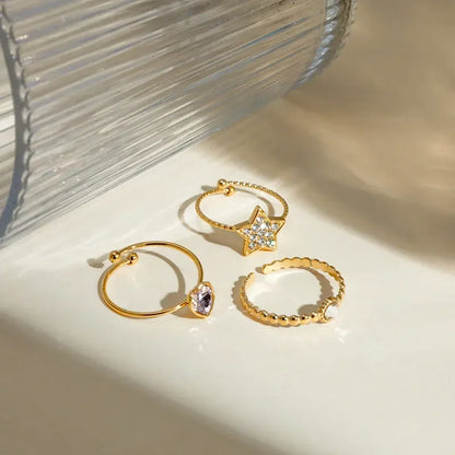 Pentagram Heart Shape Rhinestones Rings Set - Diatoms