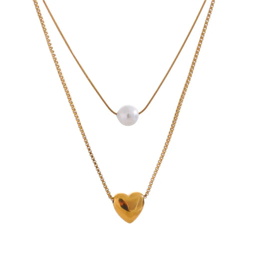 Double Layered Pearl Heart Necklace - Diatoms