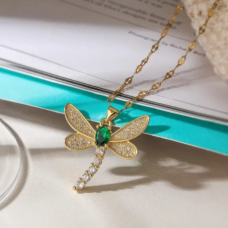 Diatoms Dragonfly Inlay Green Zircon Necklace