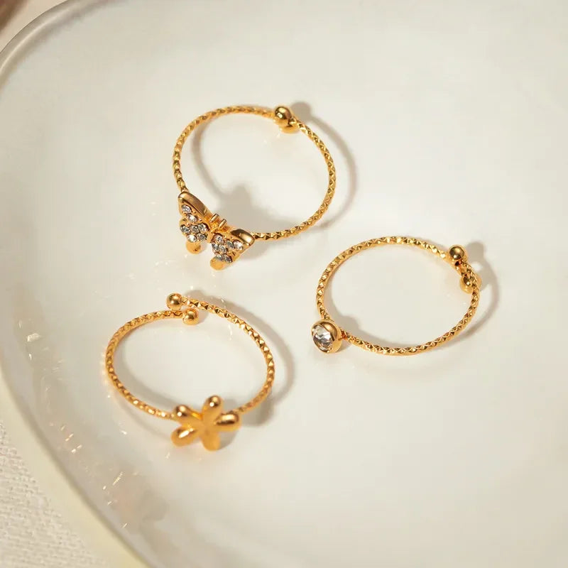 Flower Butterfly Rhinestones 3 Rings Set - Diatoms